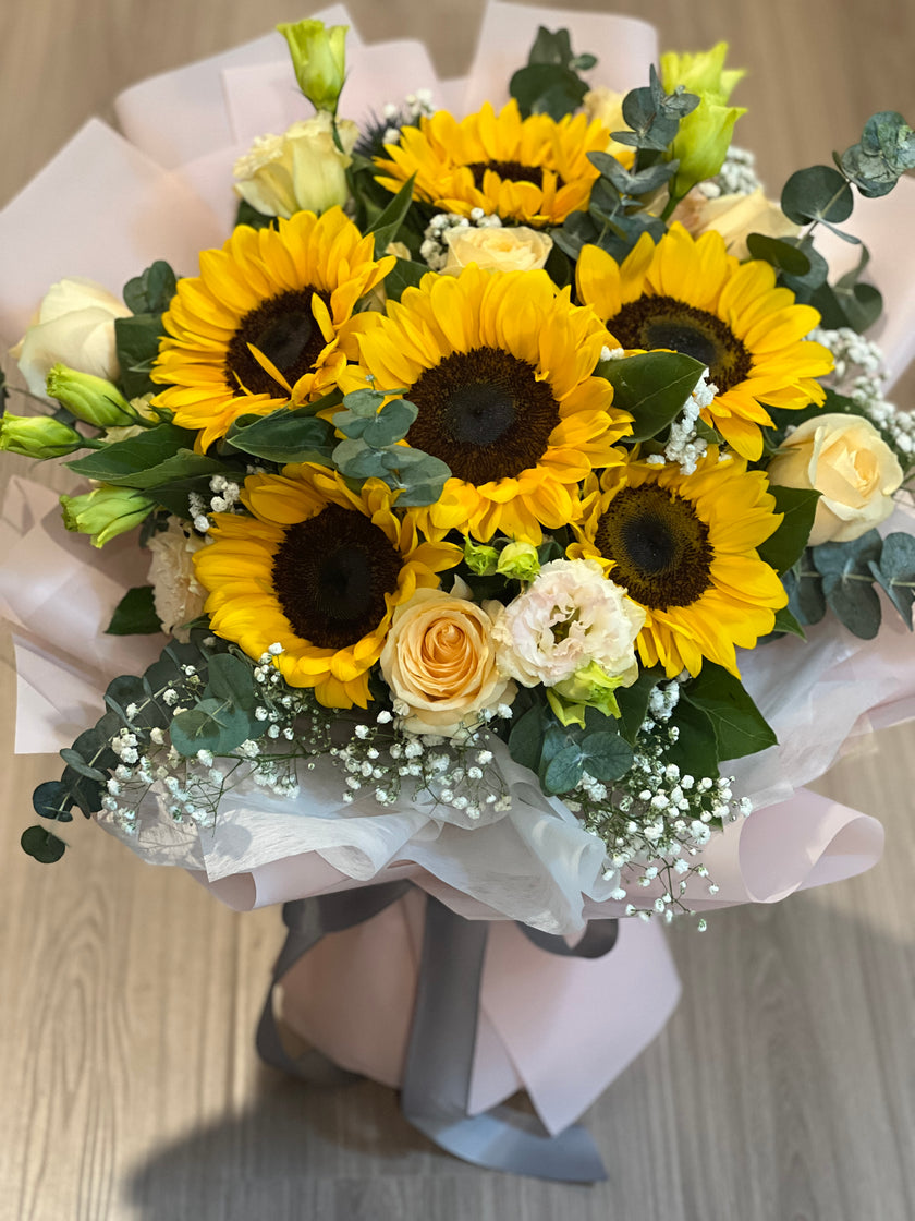 [Sunshine Champagne] Sunflower Champagne Rose Platycodon Bouquet