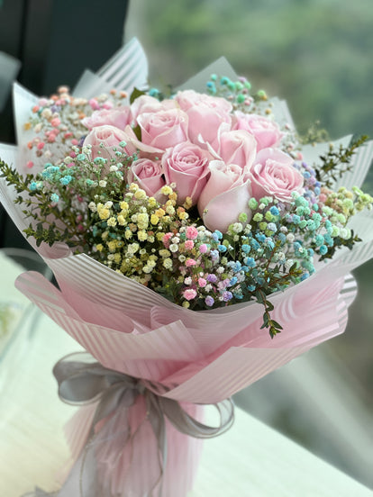 Colorful Youth 12 Pink Roses Baby's Breath Bouquet HK Florist