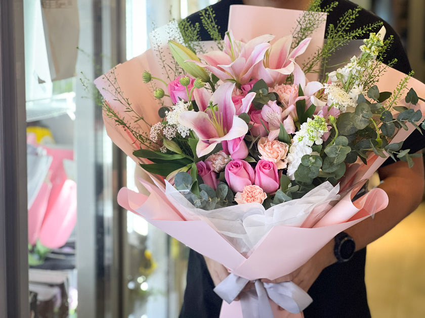 [Love and Blessings] Dutch Pink Lily Carnation Rose Bouquet B057