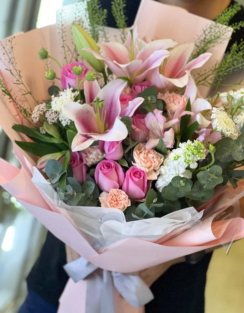 [Love and Blessings] Dutch Pink Lily Carnation Rose Bouquet B057