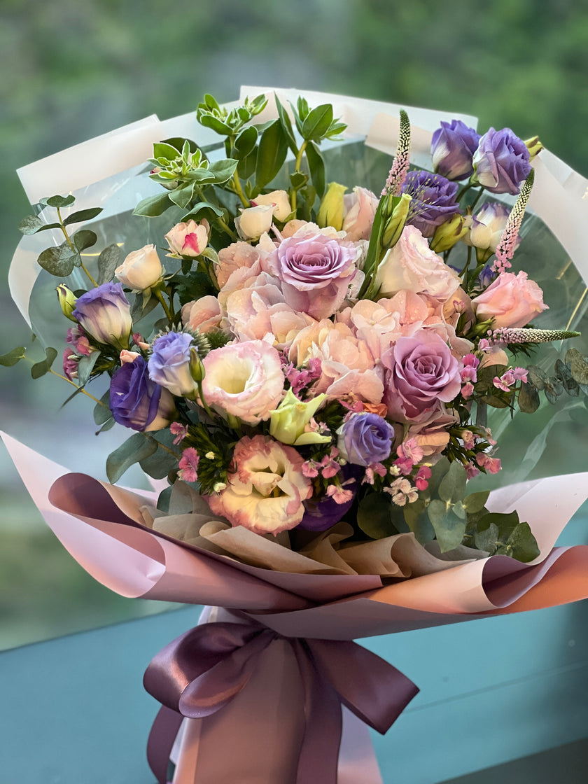 [Dream Flower Language] Pink Hydrangea, Purple Roses and Platycodon Bouquet