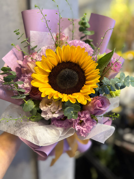 Warm Dawn Dream Sunflower Purple Rose Bouquet Graduation Flower HK