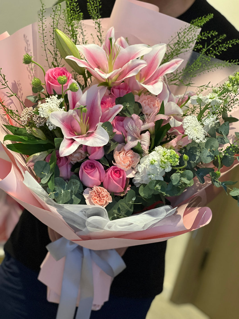 [Love and Blessings] Dutch Pink Lily Carnation Rose Bouquet B057