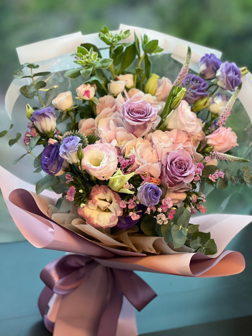 [Dream Flower Language] Pink Hydrangea, Purple Roses and Platycodon Bouquet