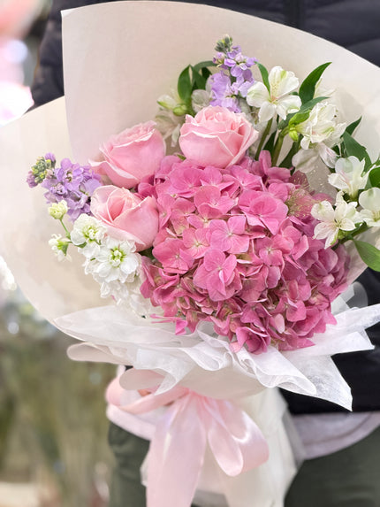 [Pink Cherry Blossom Romance] Pink Hydrangea Rose Valentine's Day Bouquet