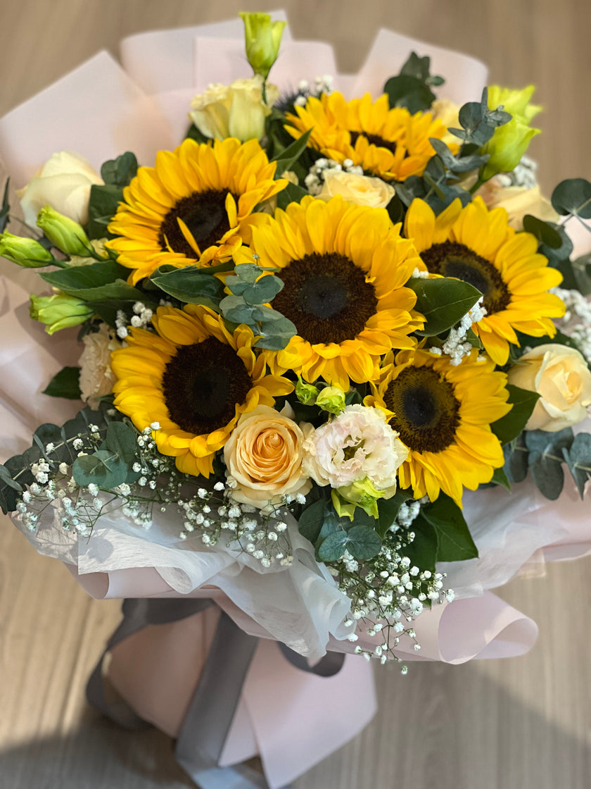 [Sunshine Champagne] Sunflower Champagne Rose Platycodon Bouquet
