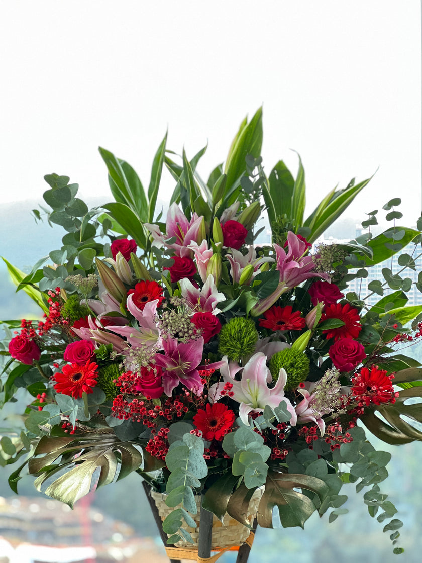 Rainbow Pink Lily Gerbera Opening Flower Basket OB03